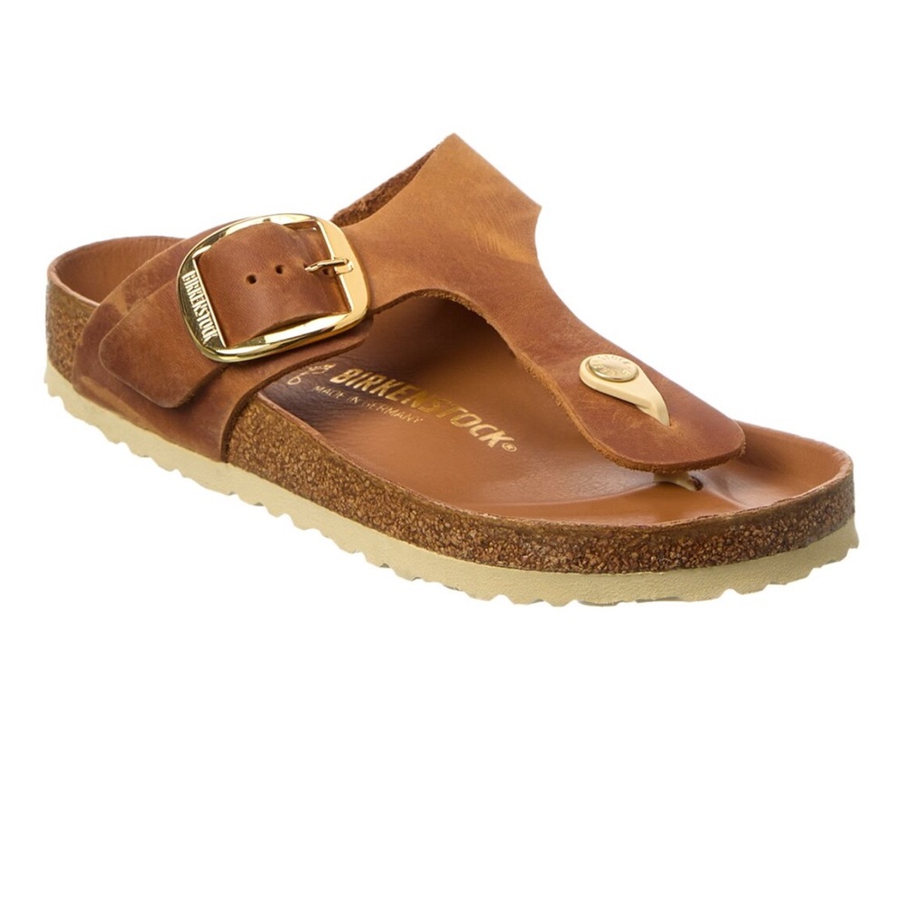 Birkenstock Gizah Tan Leather Sandals with Gold Big Buckle Size 39 Never Worn
